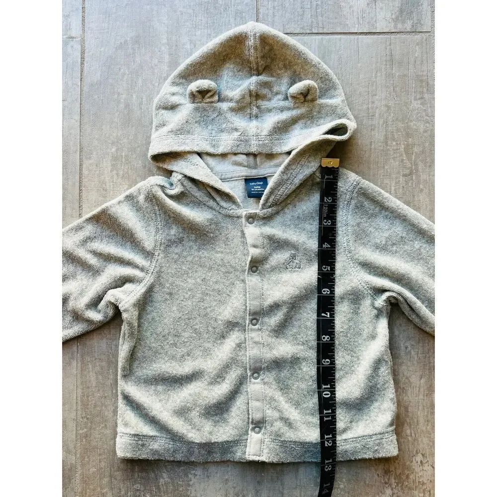 Baby Gap Gray Terry Cloth Bear Ears Snap Hoodie Sweatshirt Fleece Boy Girl 18-24